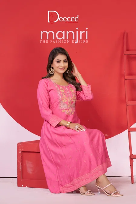 Manjiri By Deecee Viscose Foil Print Neck Embroidery Anarkali Kurtis 